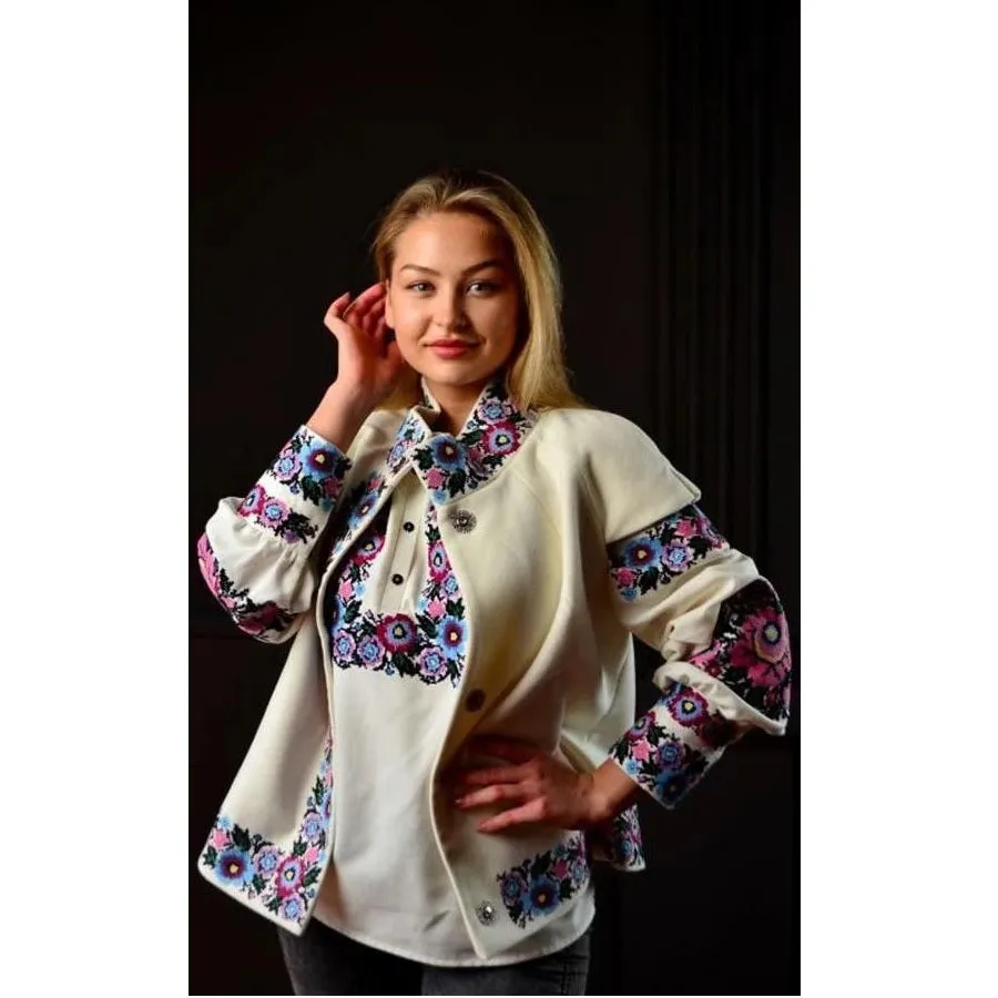 Designer women's embroidered blouse with a cashmere jacket