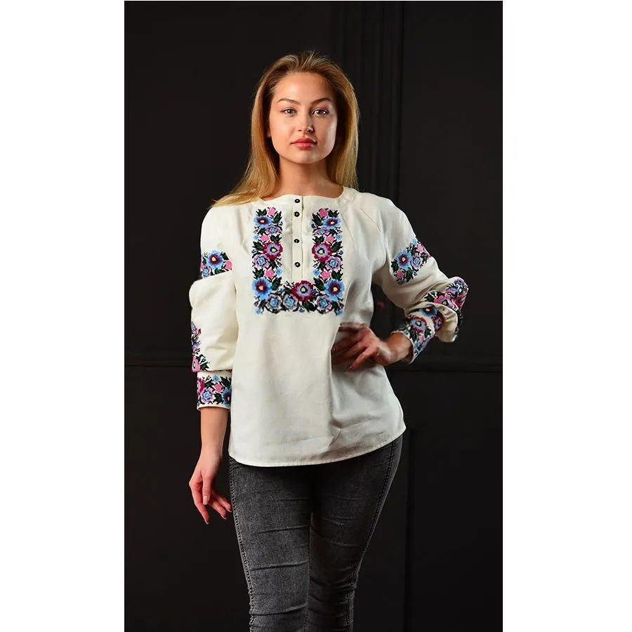 Designer women's embroidered blouse with a cashmere jacket
