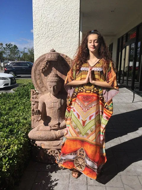 Digital Printed Kimono Caftan Dress, Pink Maternity Night Gown, Size