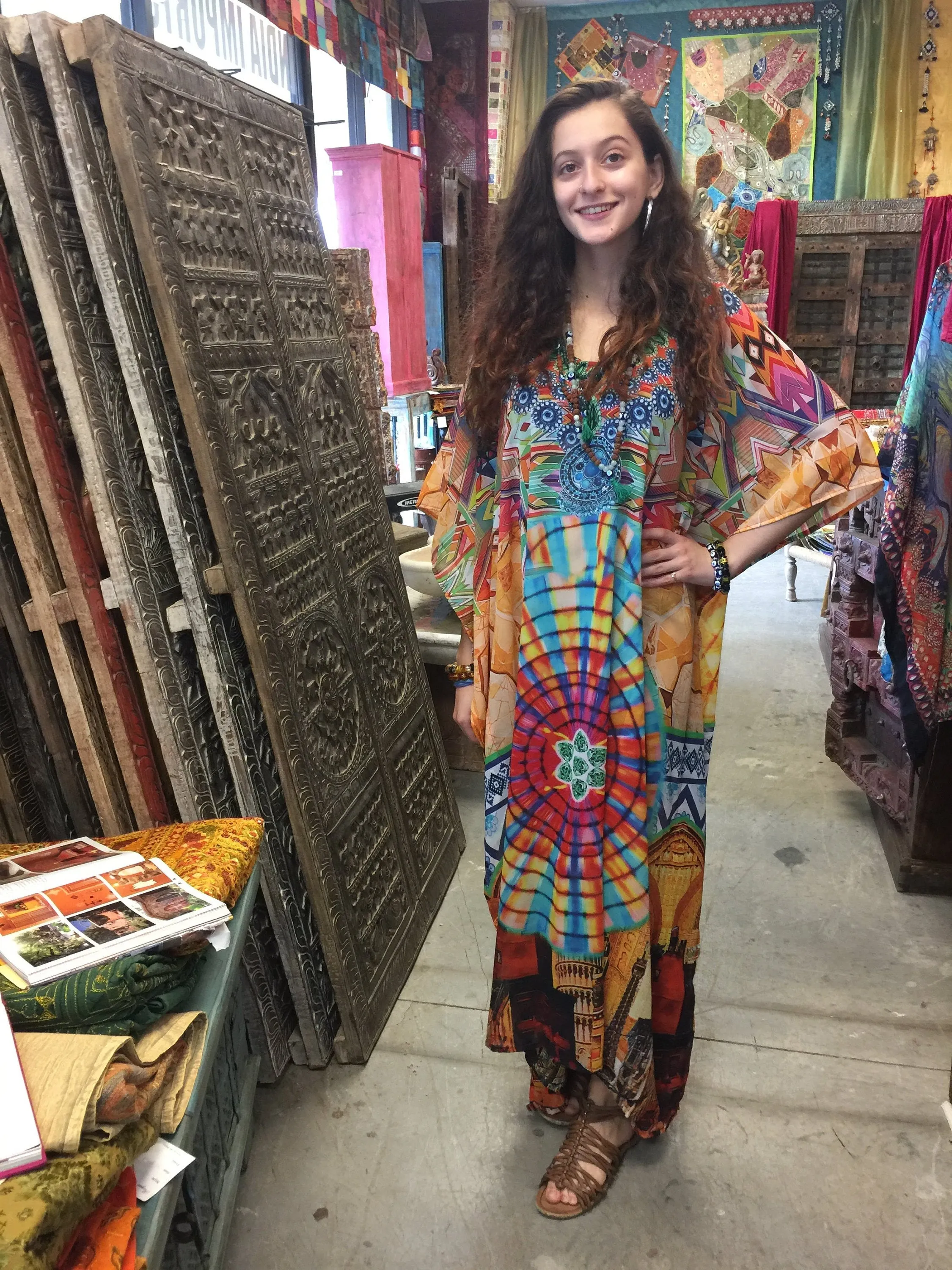 Digital Printed Kimono Caftan Dress, Pink Maternity Night Gown, Size