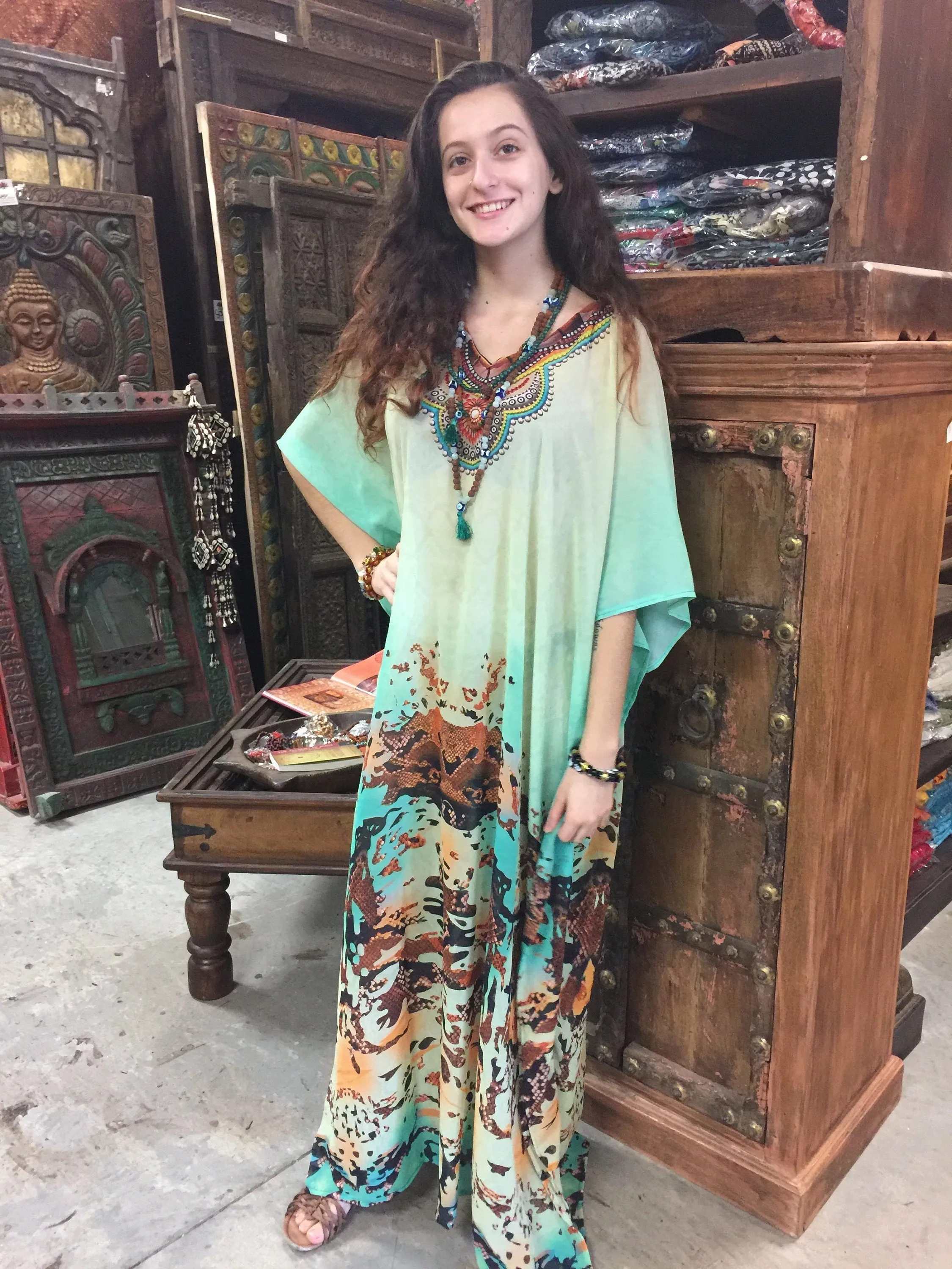 Digital Printed Kimono Caftan Dress, Pink Maternity Night Gown, Size