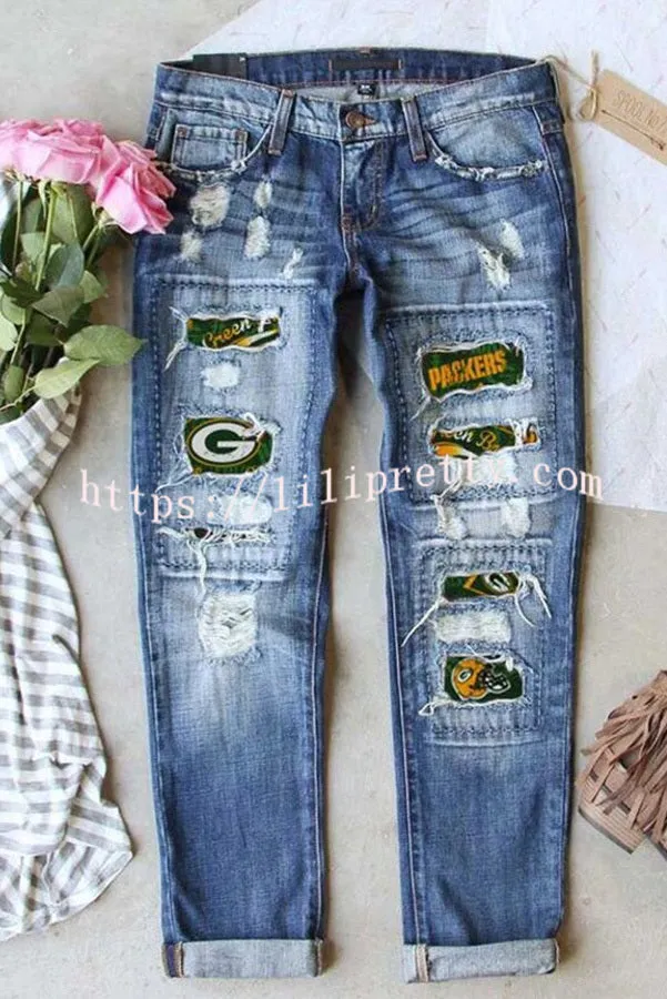 Distressed Printed Street Contrast Hip Hop Style Jeans