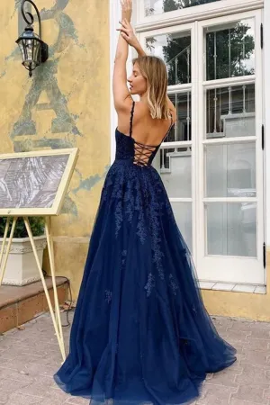 Elegant V Neck Appliques Long Prom Dresses Spaghetti Straps Evening Dresses