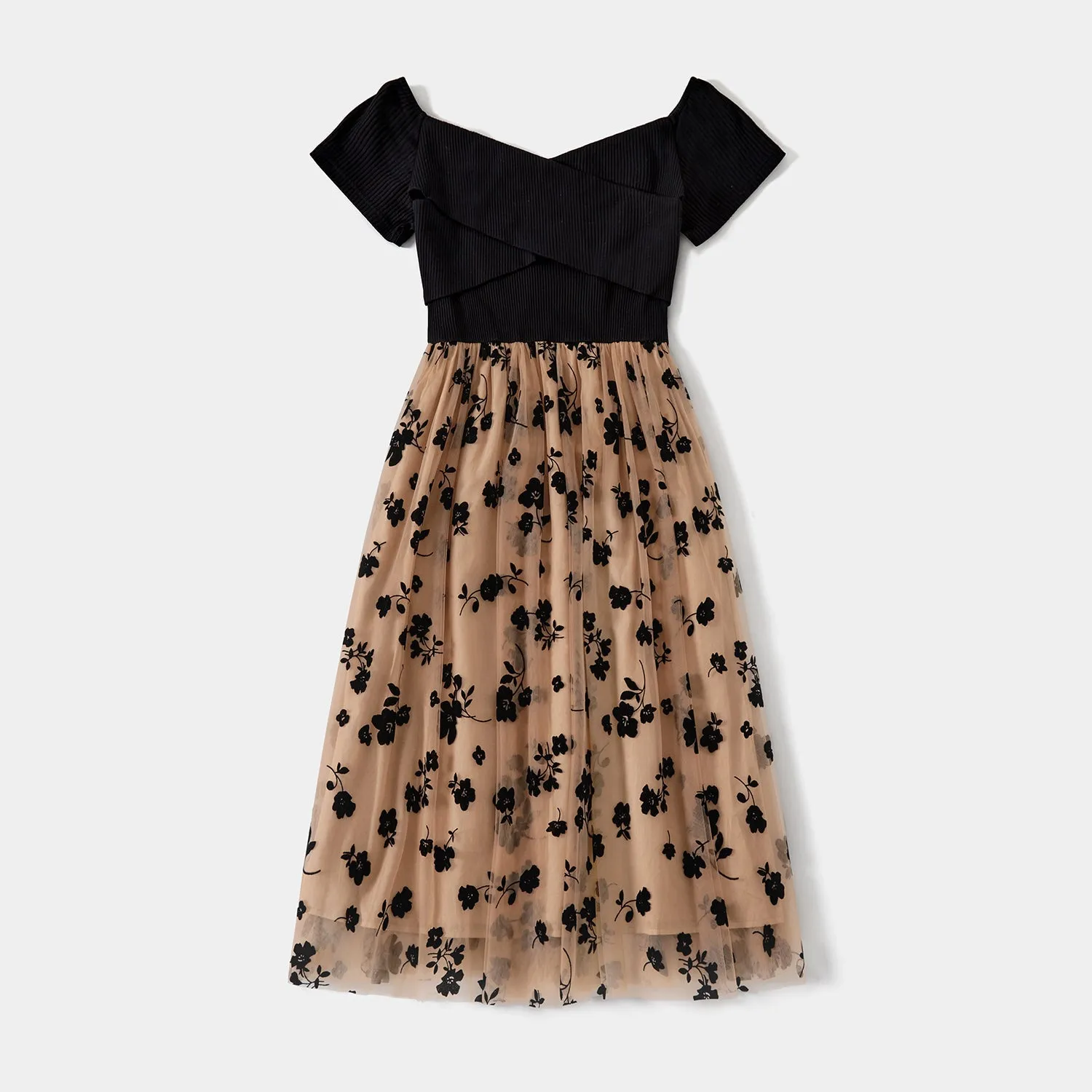 Family Matching Floral-Print Mesh Dresses And Color-Block Short-Sleeved Tops