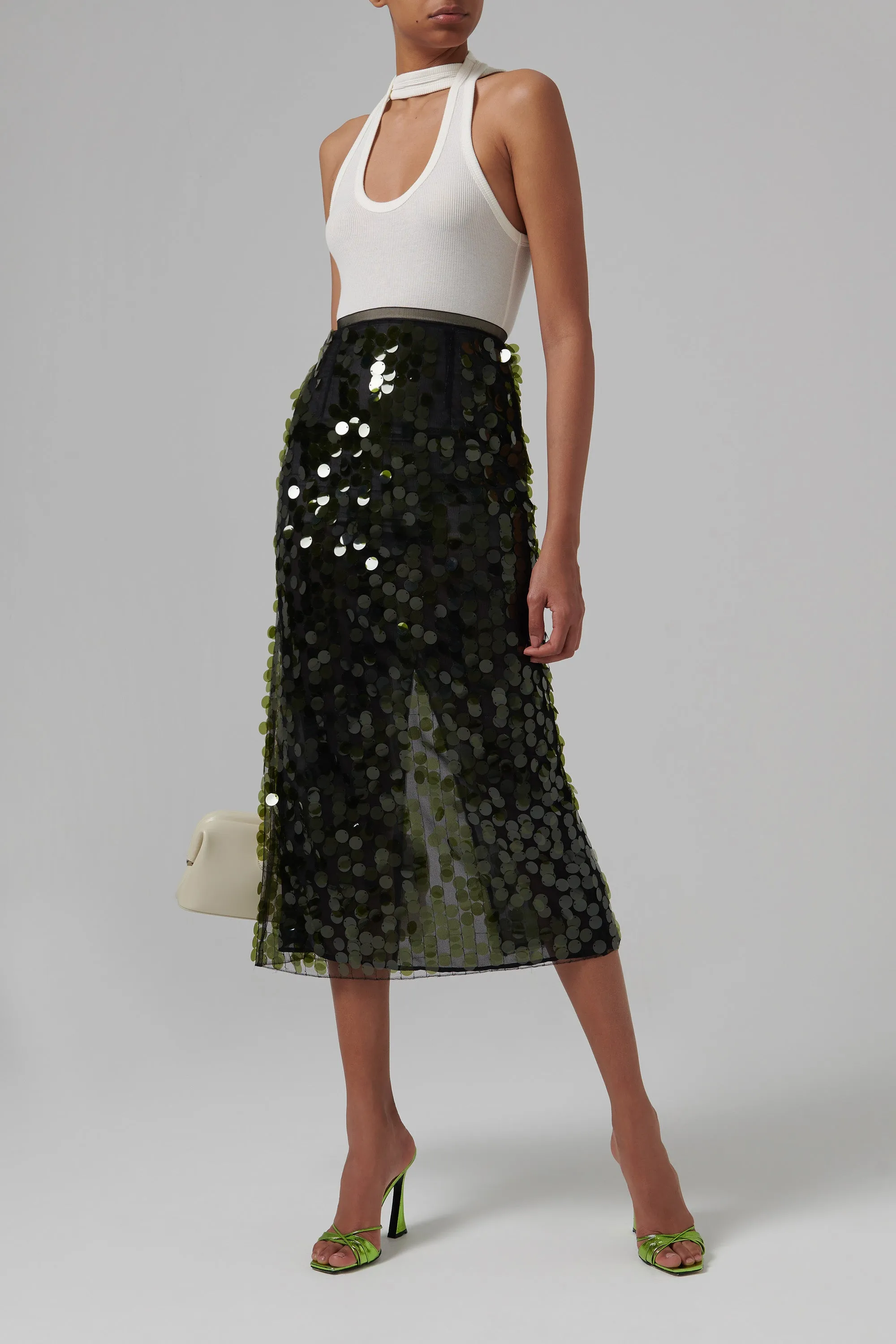 Green Dia Sequin Midi Skirt