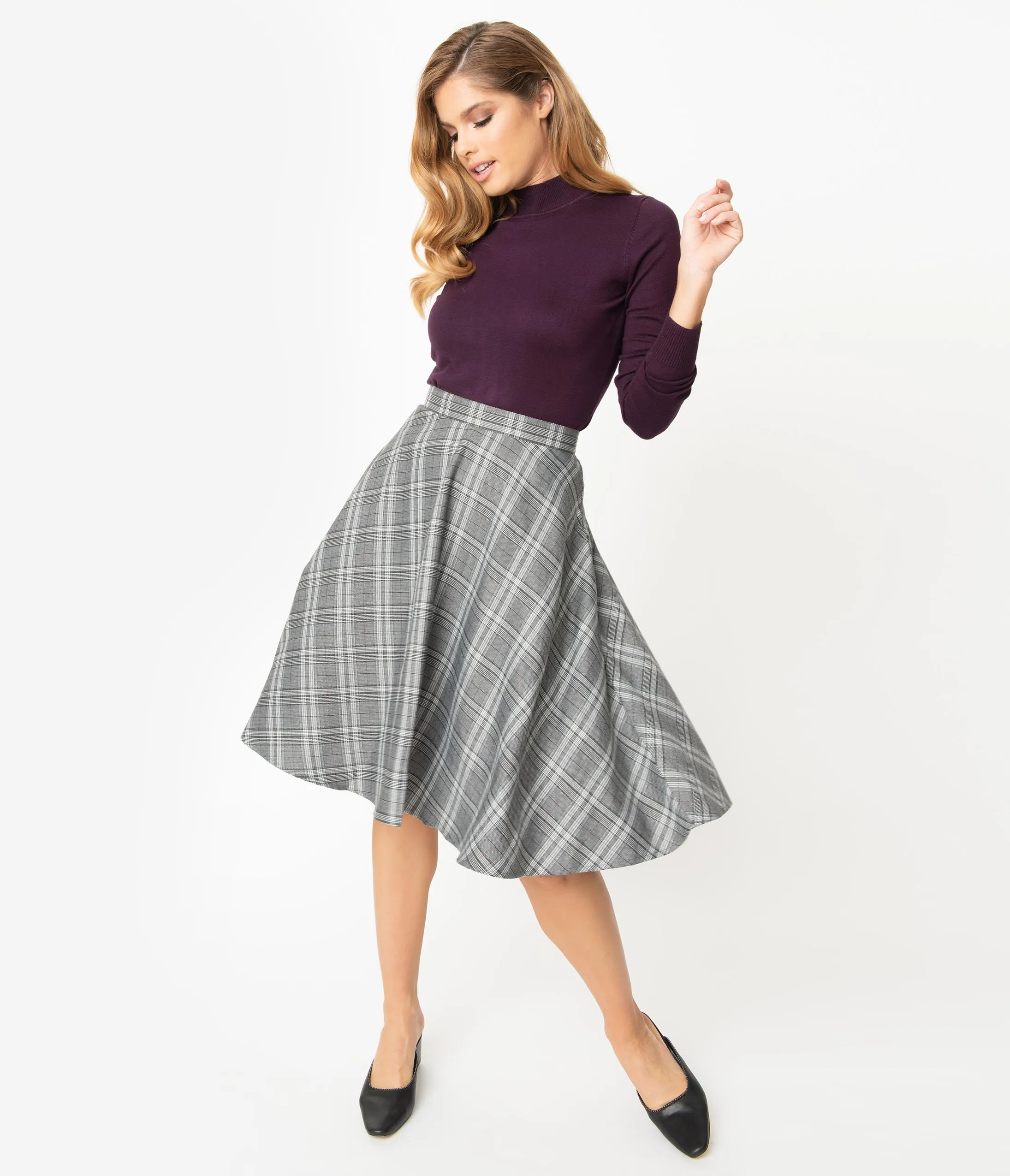 Hell Bunny 1950s Grey Sparkle Plaid High Waist Frostline Swing Skirt