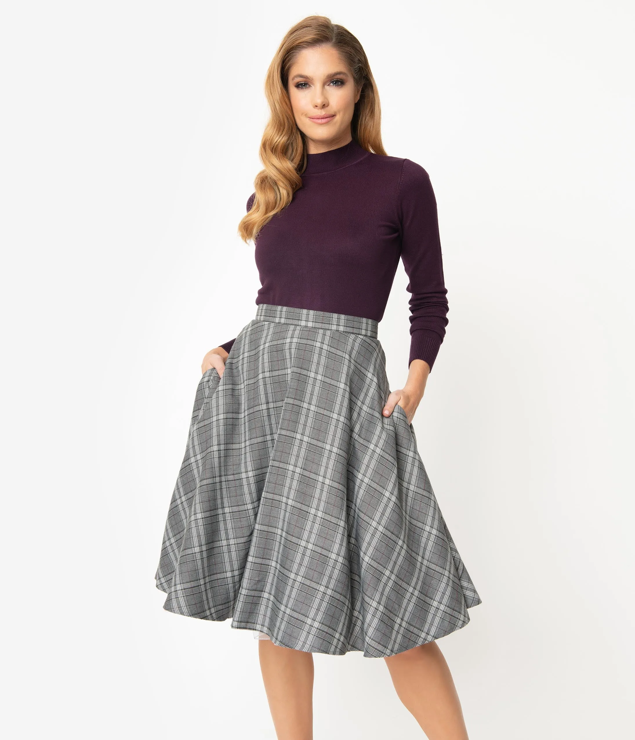 Hell Bunny 1950s Grey Sparkle Plaid High Waist Frostline Swing Skirt