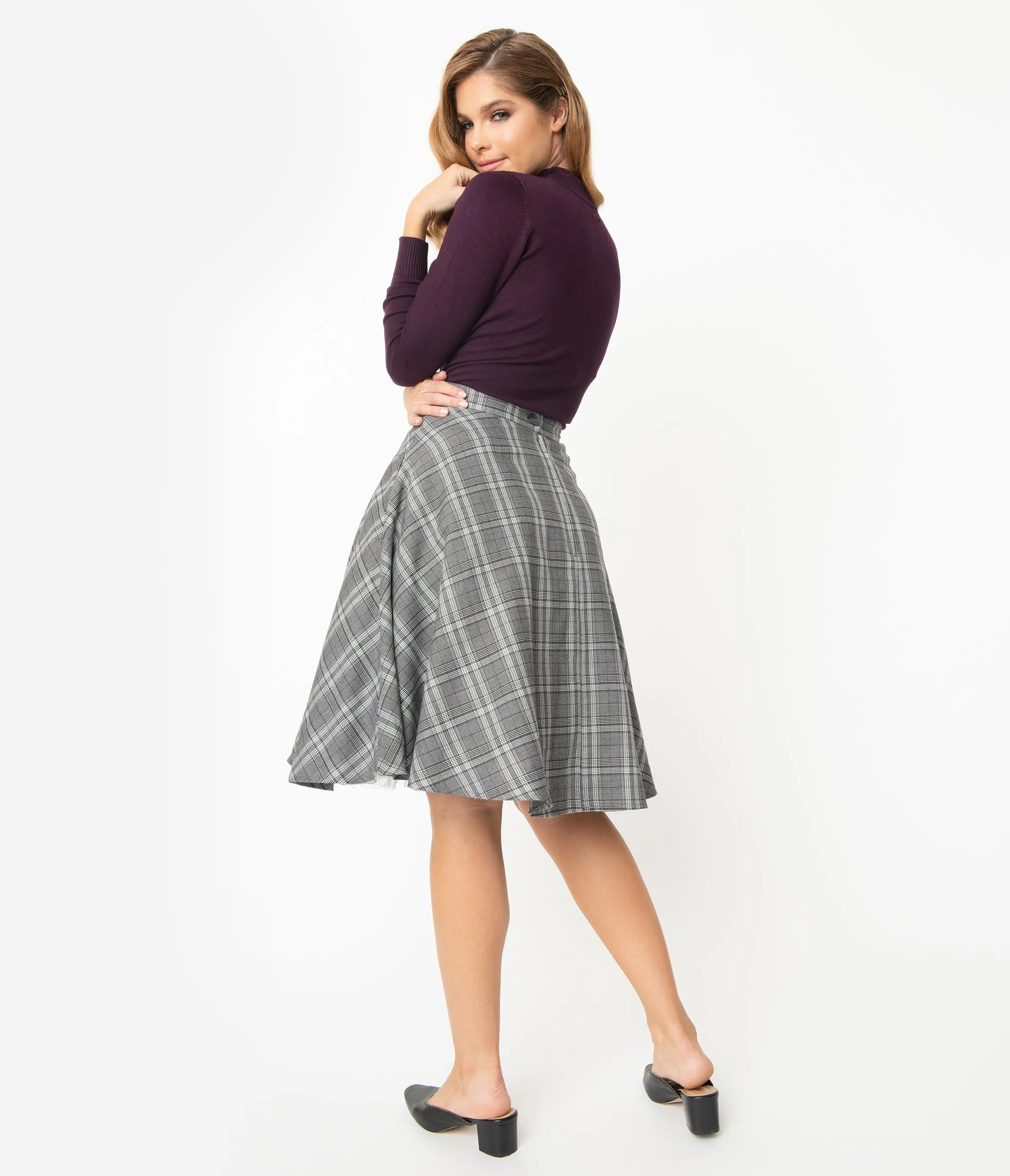 Hell Bunny 1950s Grey Sparkle Plaid High Waist Frostline Swing Skirt