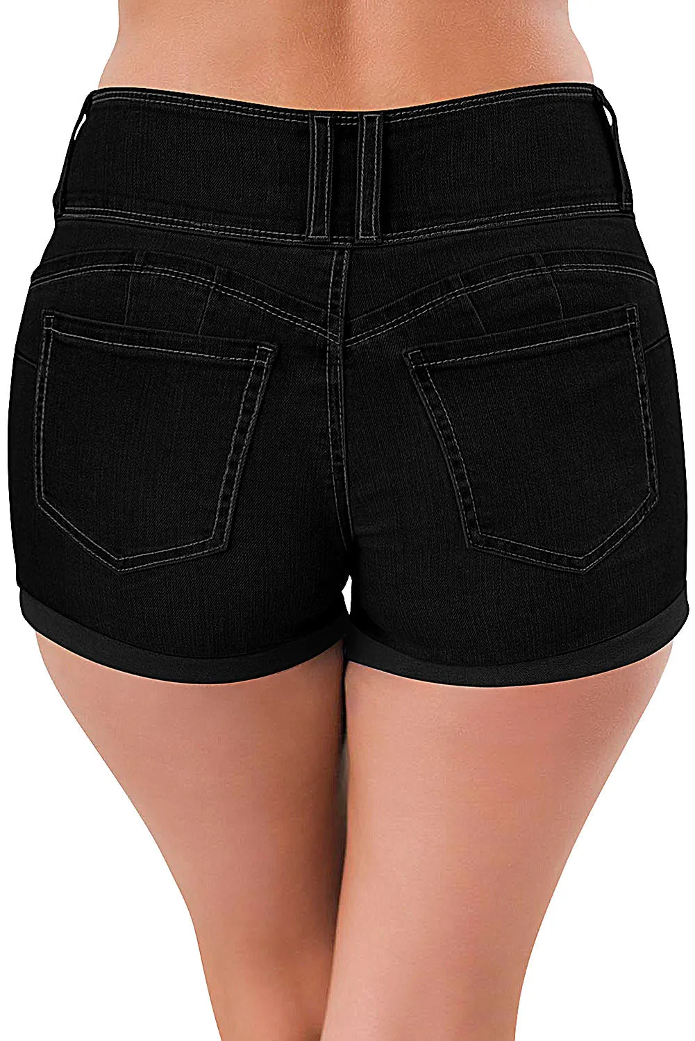 High Rise Stretchy Cuffed Denim Shorts