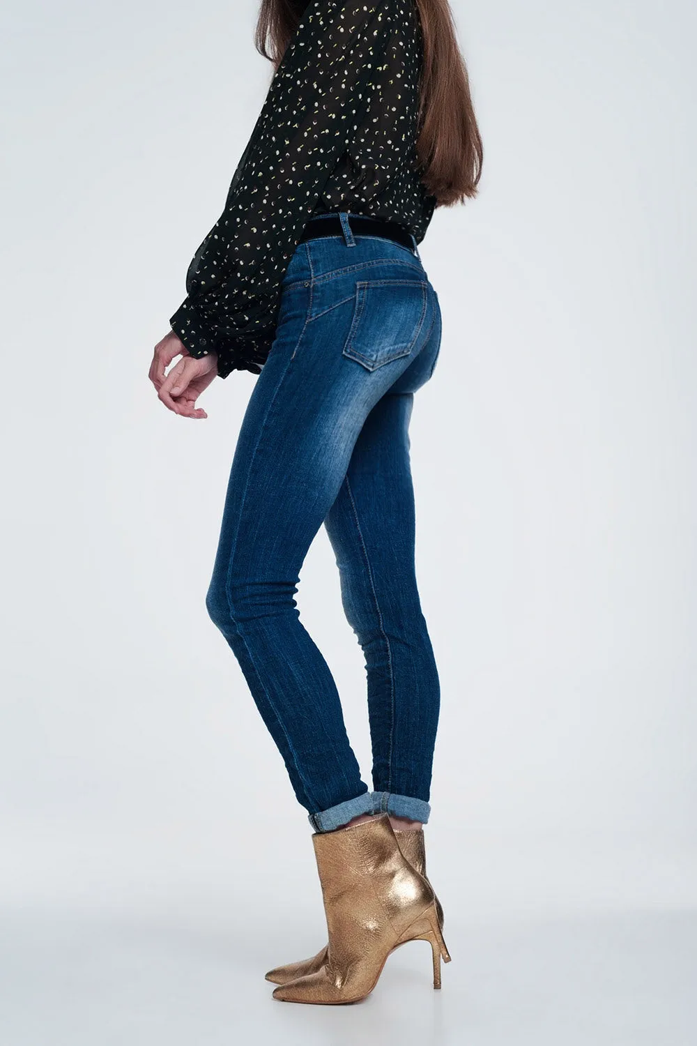 high waisted skinny jeans in dark stonewash blue
