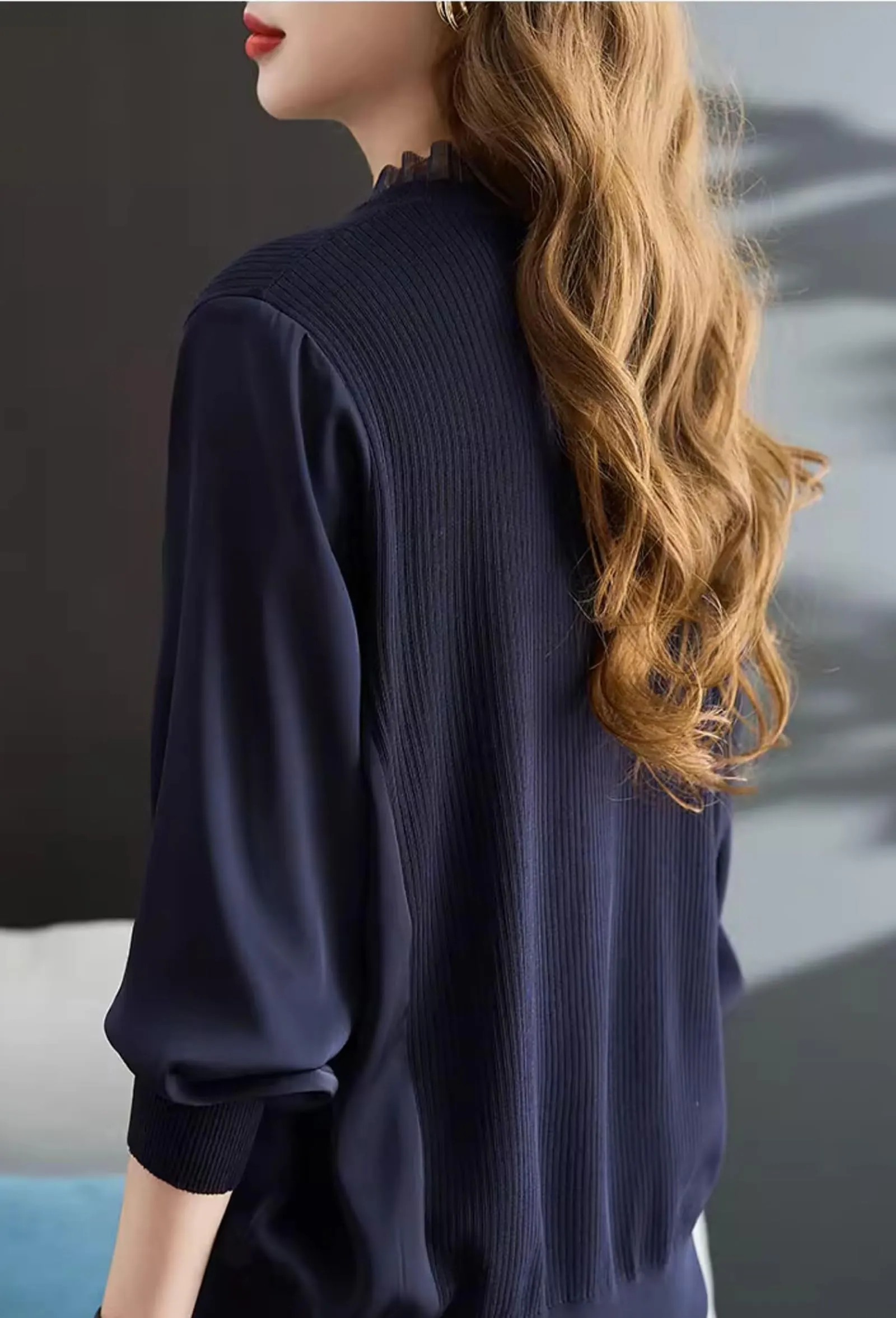 Knit Patchwork Button Casual Blouse Tops