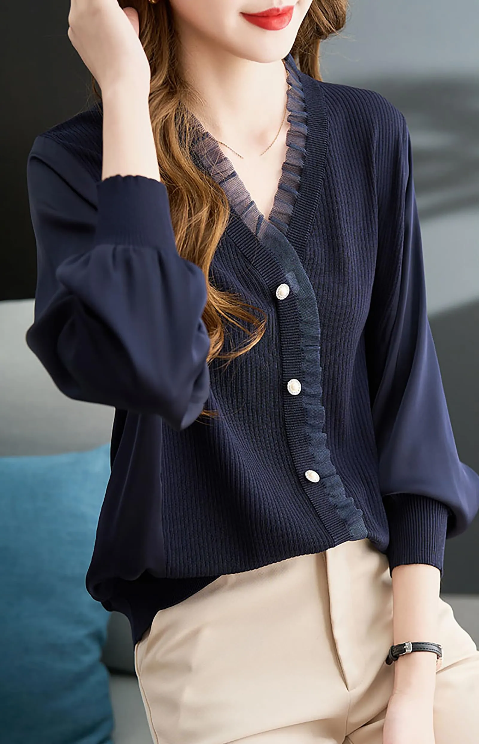 Knit Patchwork Button Casual Blouse Tops