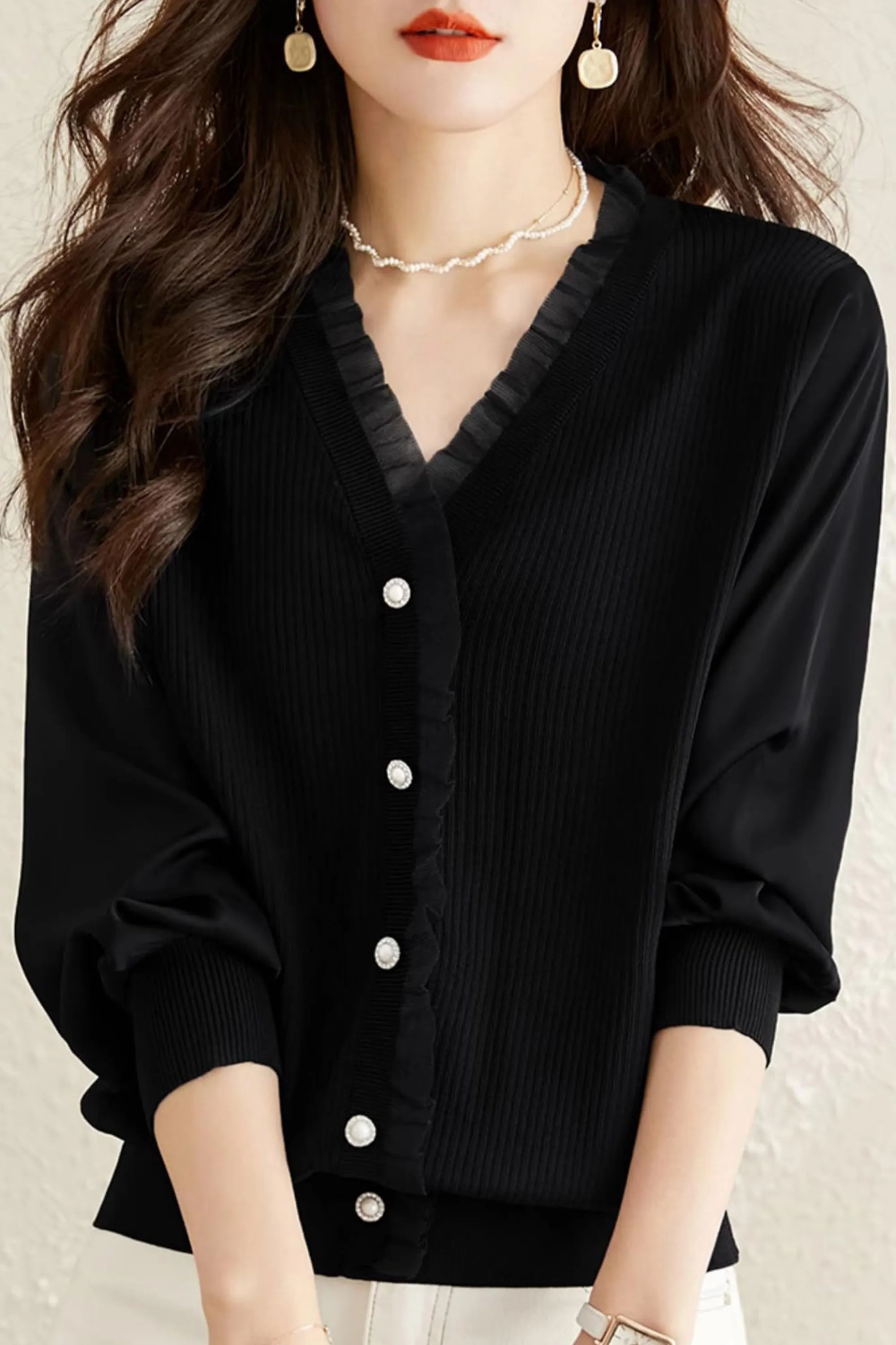 Knit Patchwork Button Casual Blouse Tops