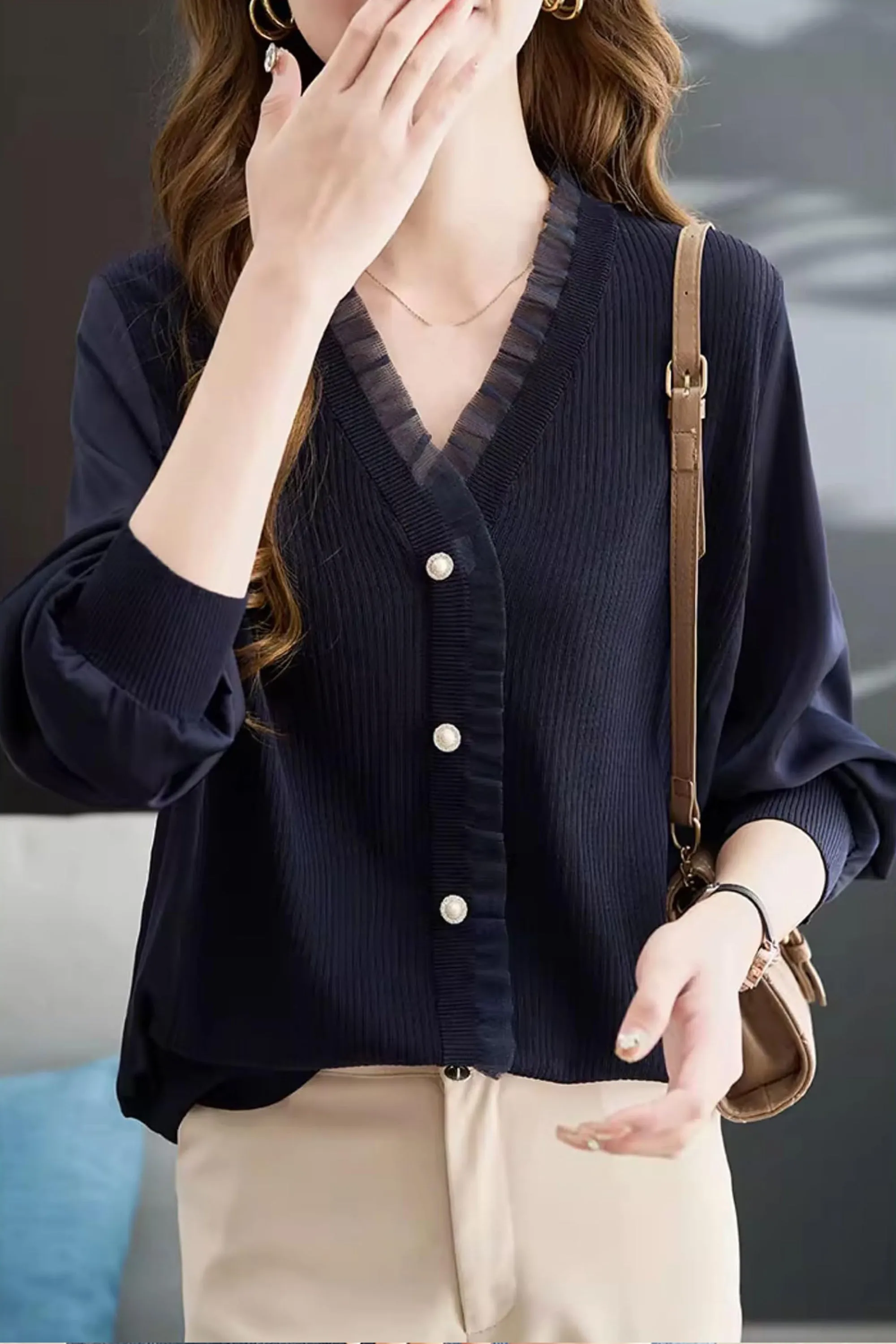 Knit Patchwork Button Casual Blouse Tops