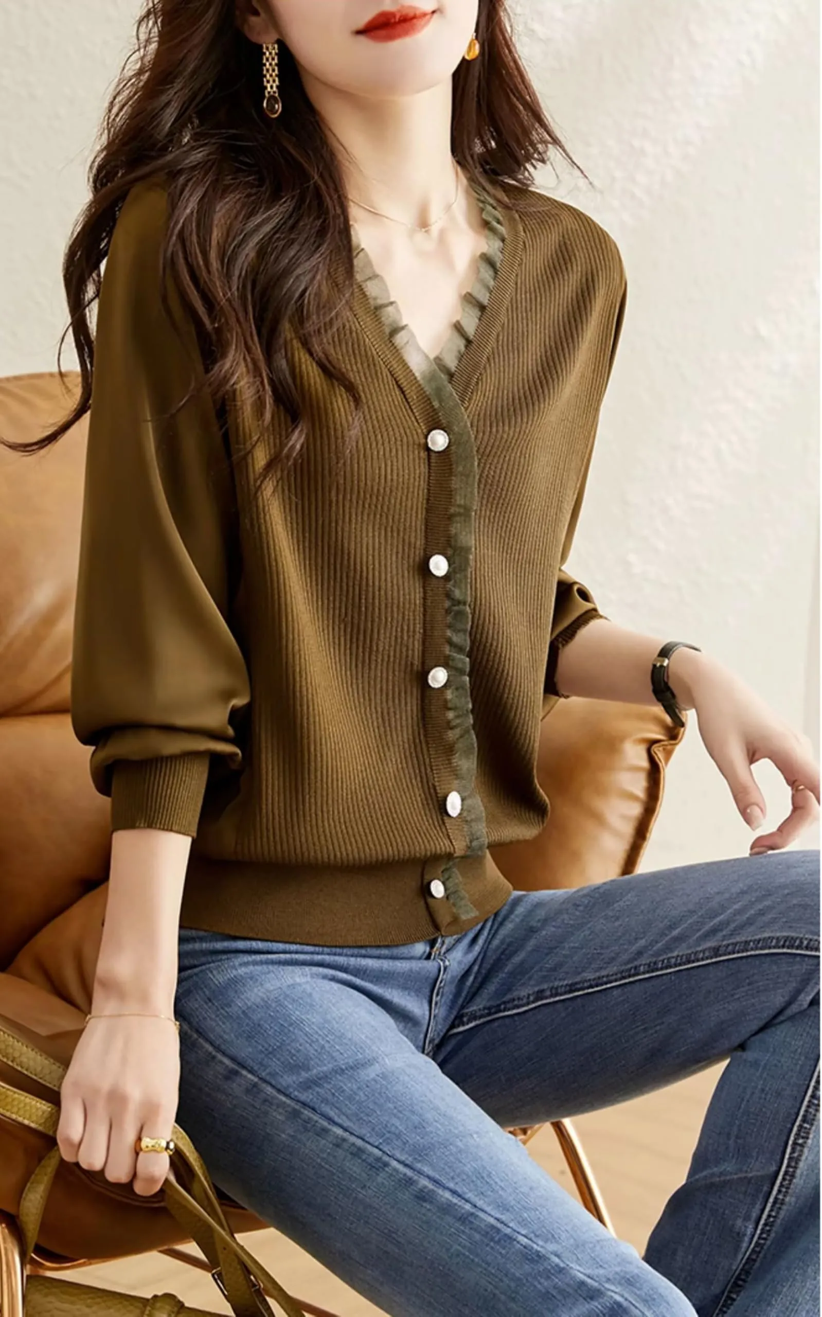 Knit Patchwork Button Casual Blouse Tops