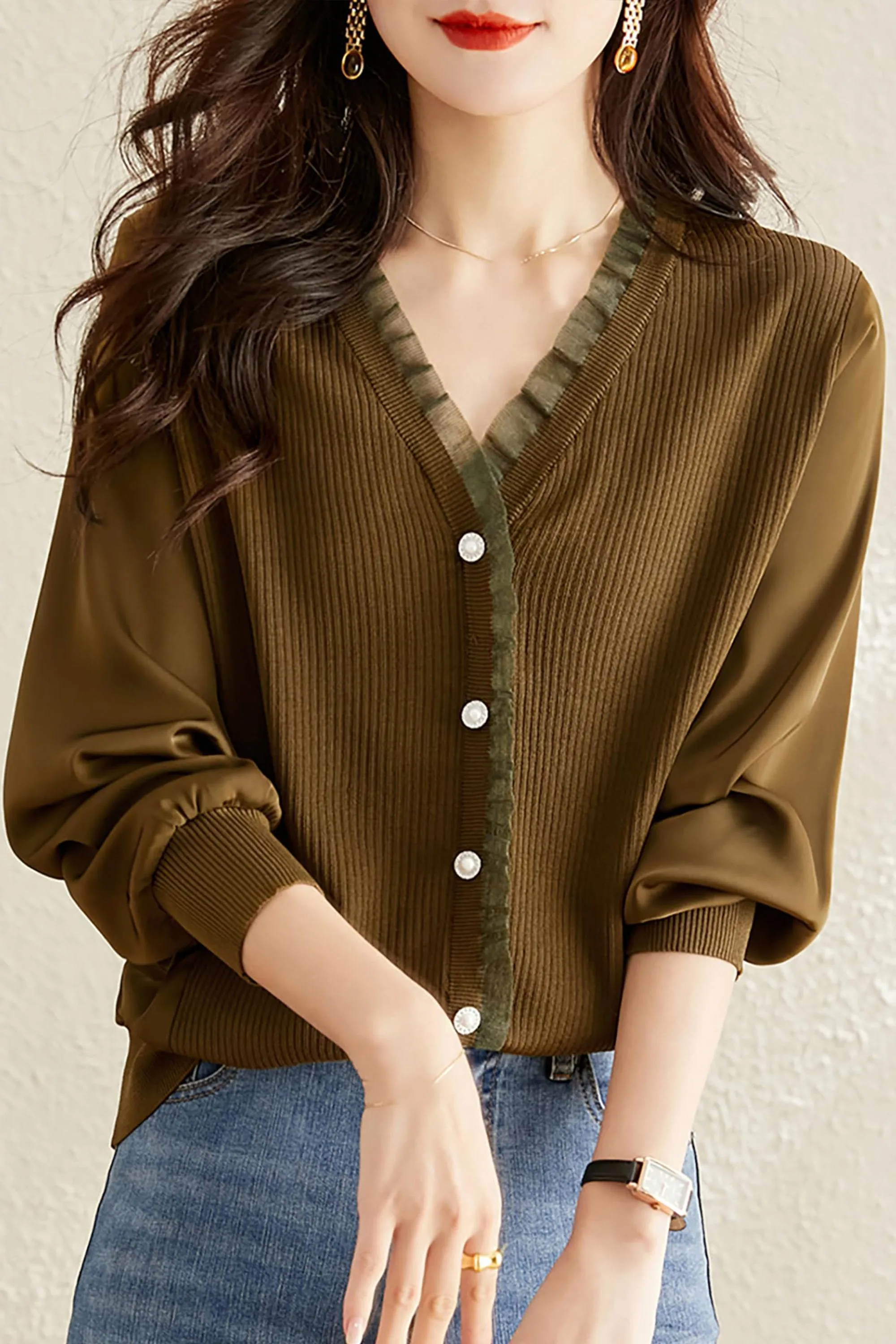 Knit Patchwork Button Casual Blouse Tops