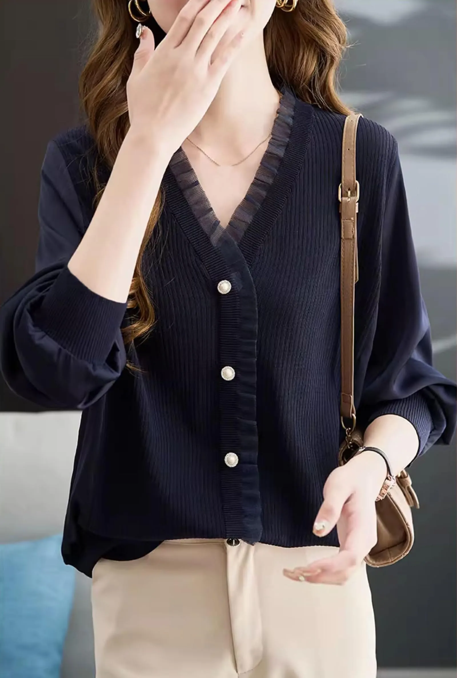 Knit Patchwork Button Casual Blouse Tops