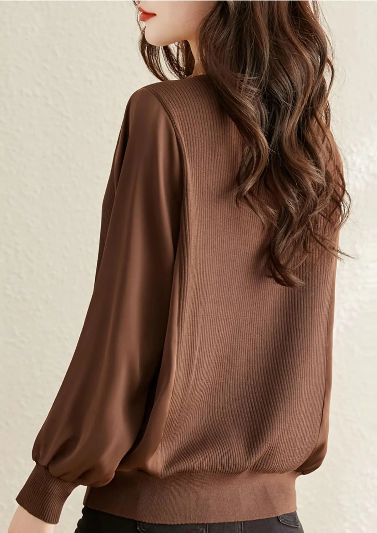Knit Patchwork Button Casual Blouse Tops