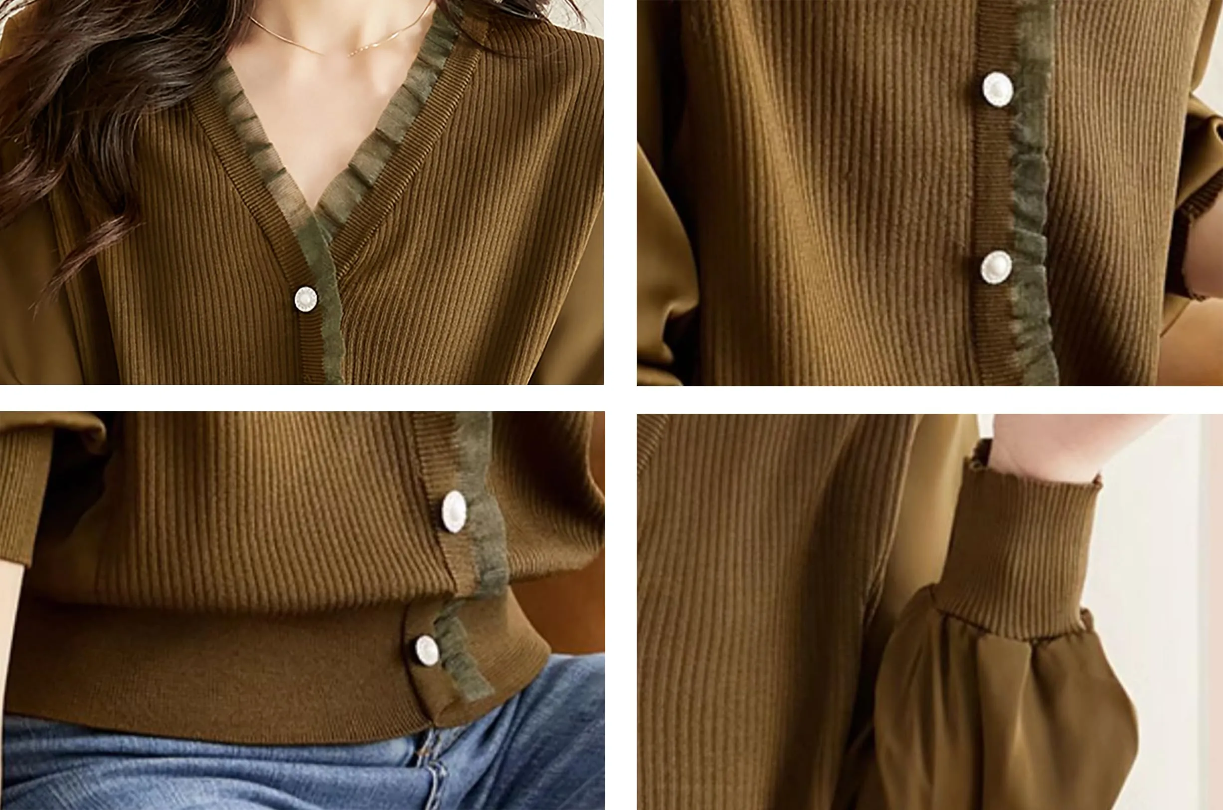 Knit Patchwork Button Casual Blouse Tops