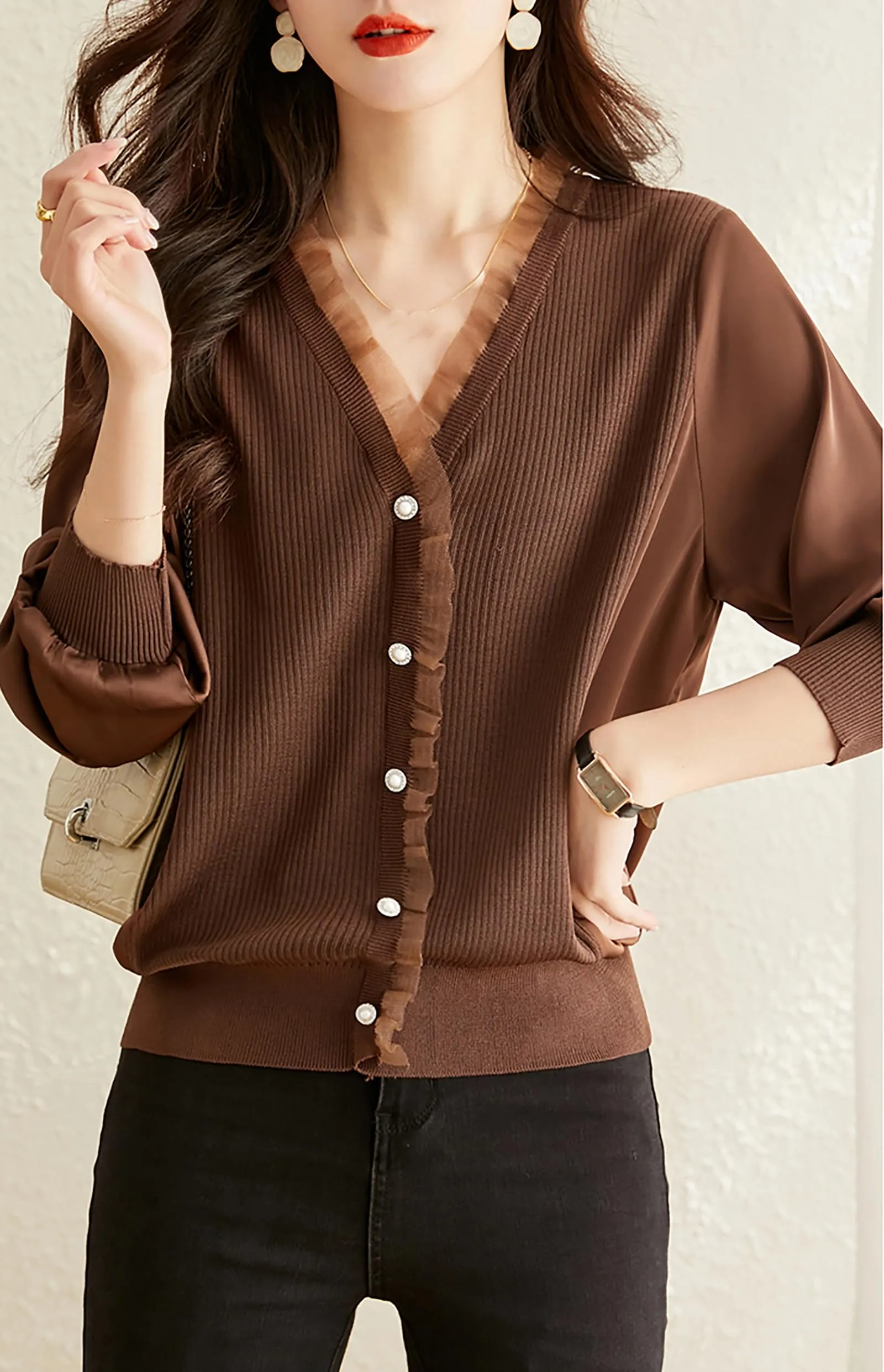 Knit Patchwork Button Casual Blouse Tops