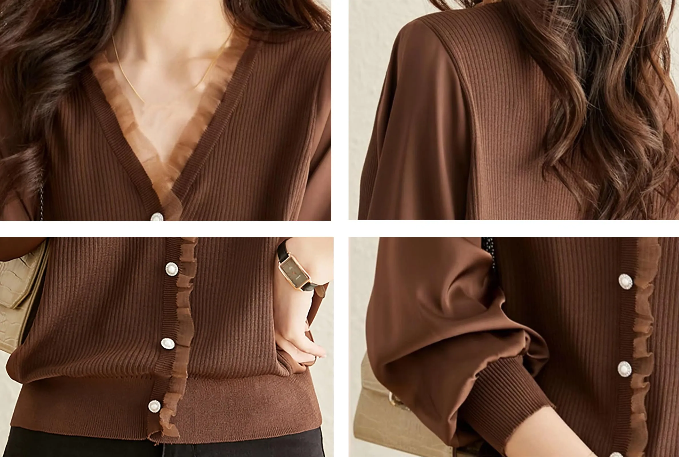 Knit Patchwork Button Casual Blouse Tops