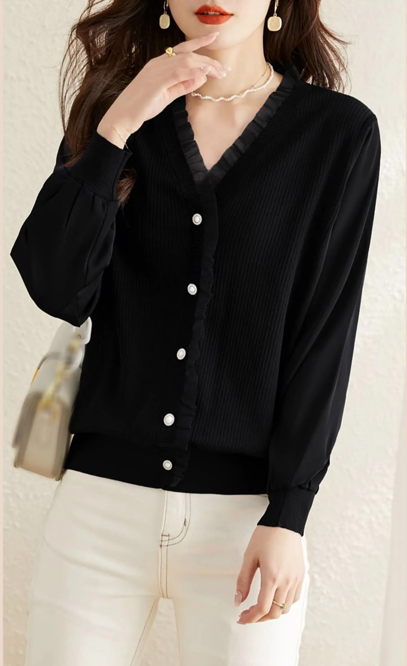 Knit Patchwork Button Casual Blouse Tops
