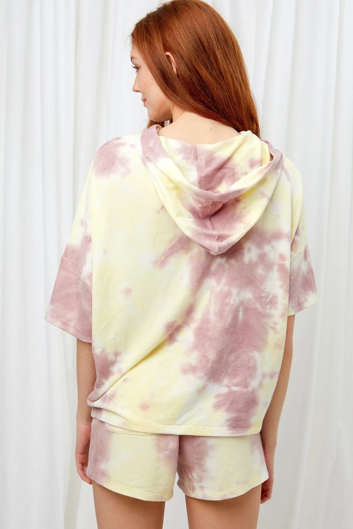 Knit Tie Dye Hoodie for Women in Mauve/Yellow
