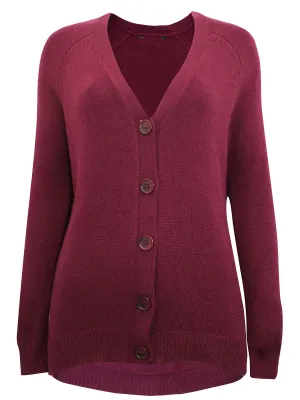 Ladies Claret Soft Knit Button Down Ribbed V Neck Cardigan