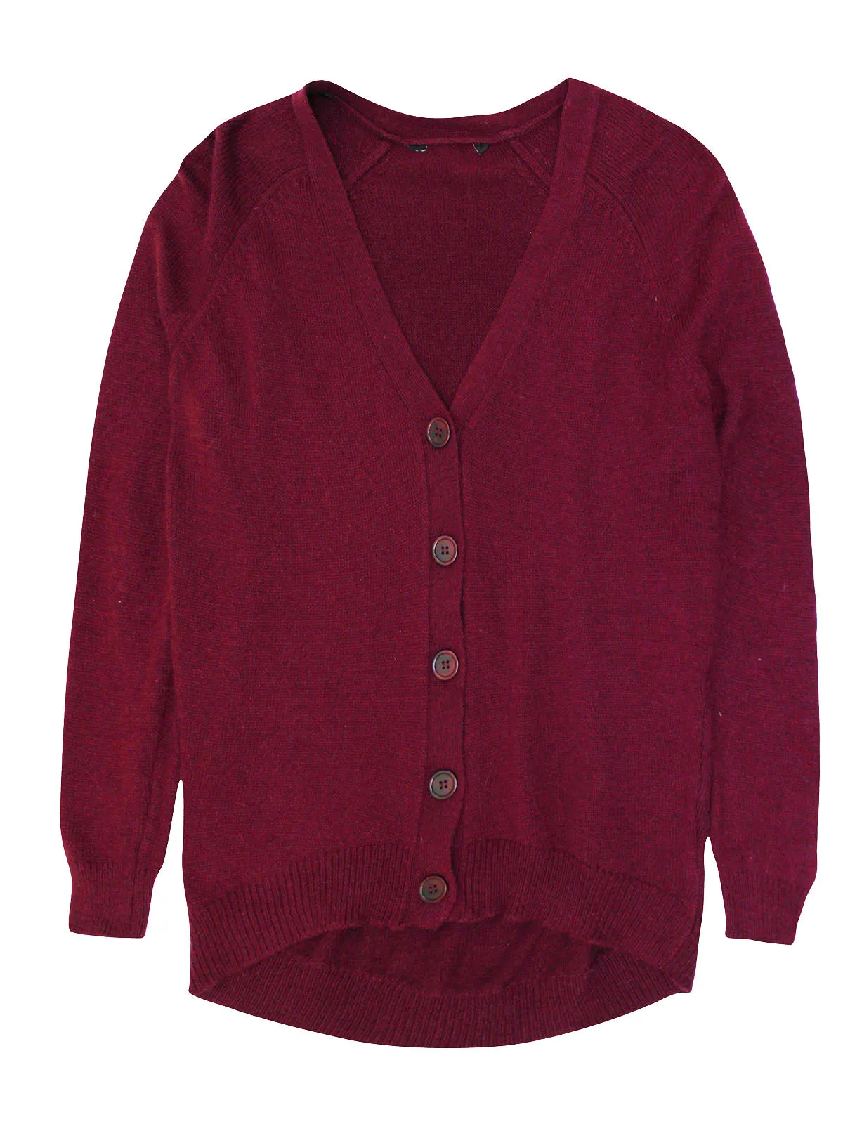 Ladies Claret Soft Knit Button Down Ribbed V Neck Cardigan
