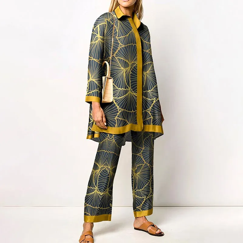 Lapel Gold Leaf Patchwork Two Piece Set