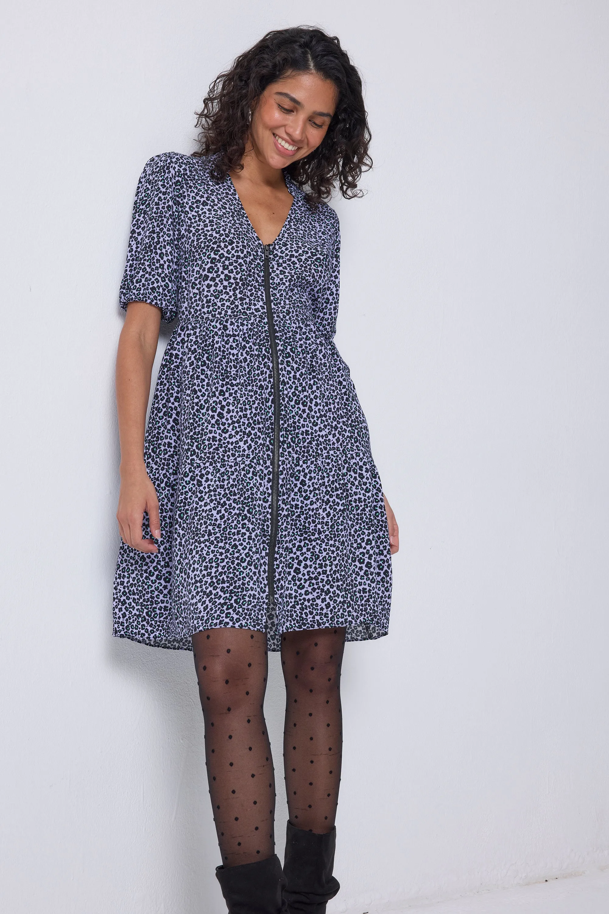 Lilac Mini Leopard Zip Detail Tiered Short Dress