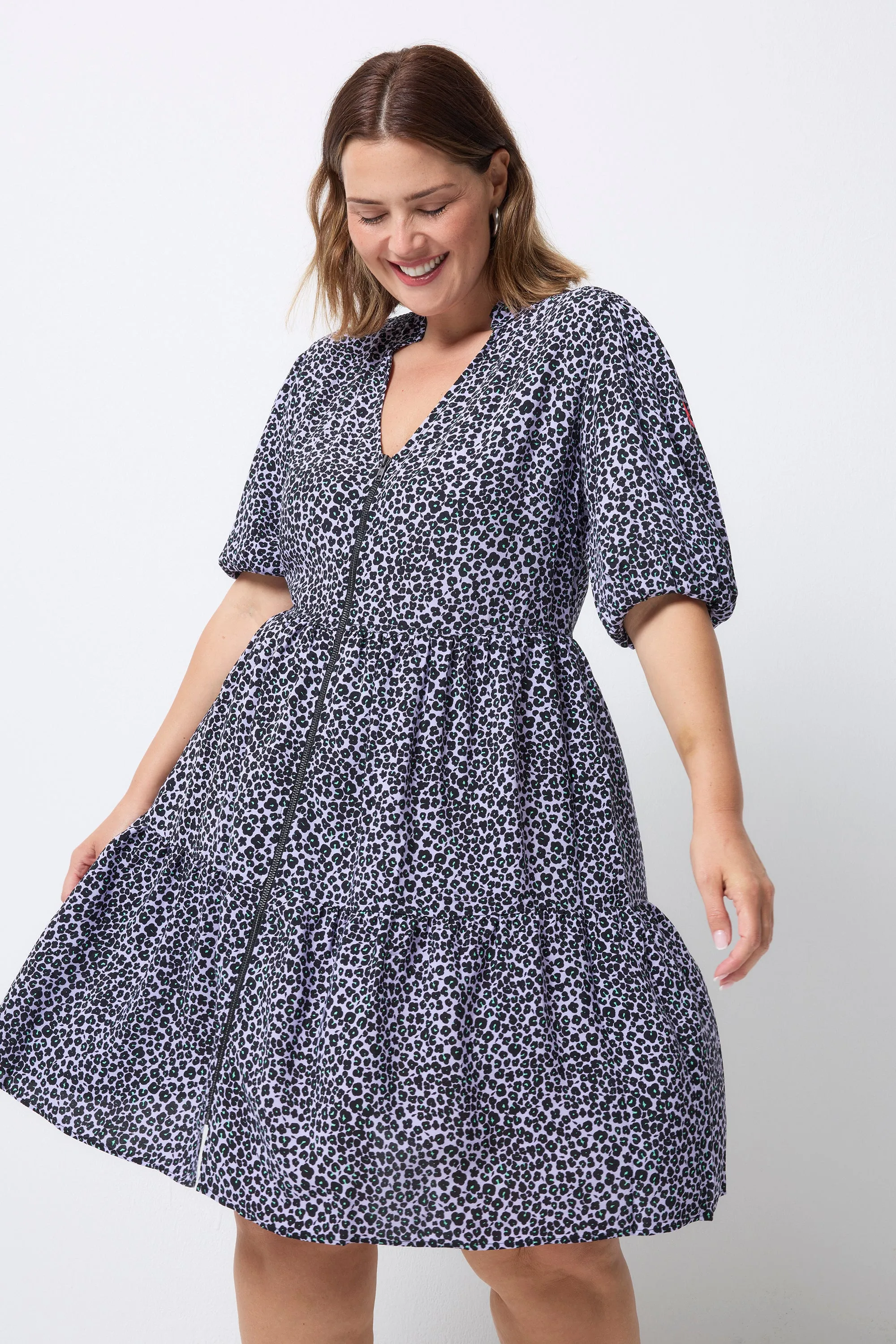 Lilac Mini Leopard Zip Detail Tiered Short Dress