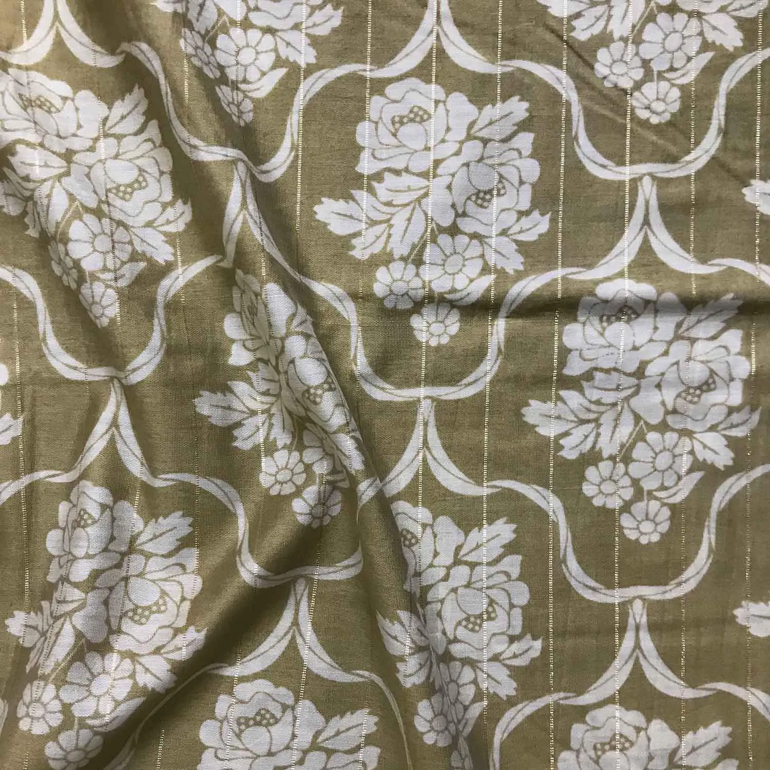 Metallic Brown White Flowers Printed Lurex Viscose Chanderi Fabric