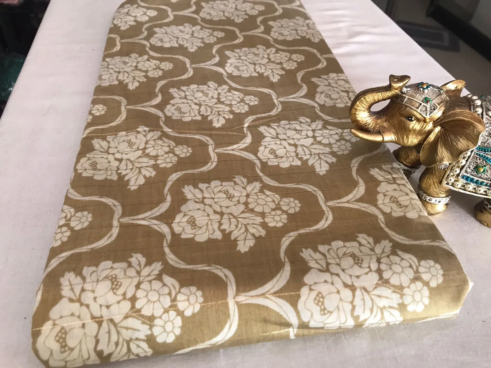 Metallic Brown White Flowers Printed Lurex Viscose Chanderi Fabric