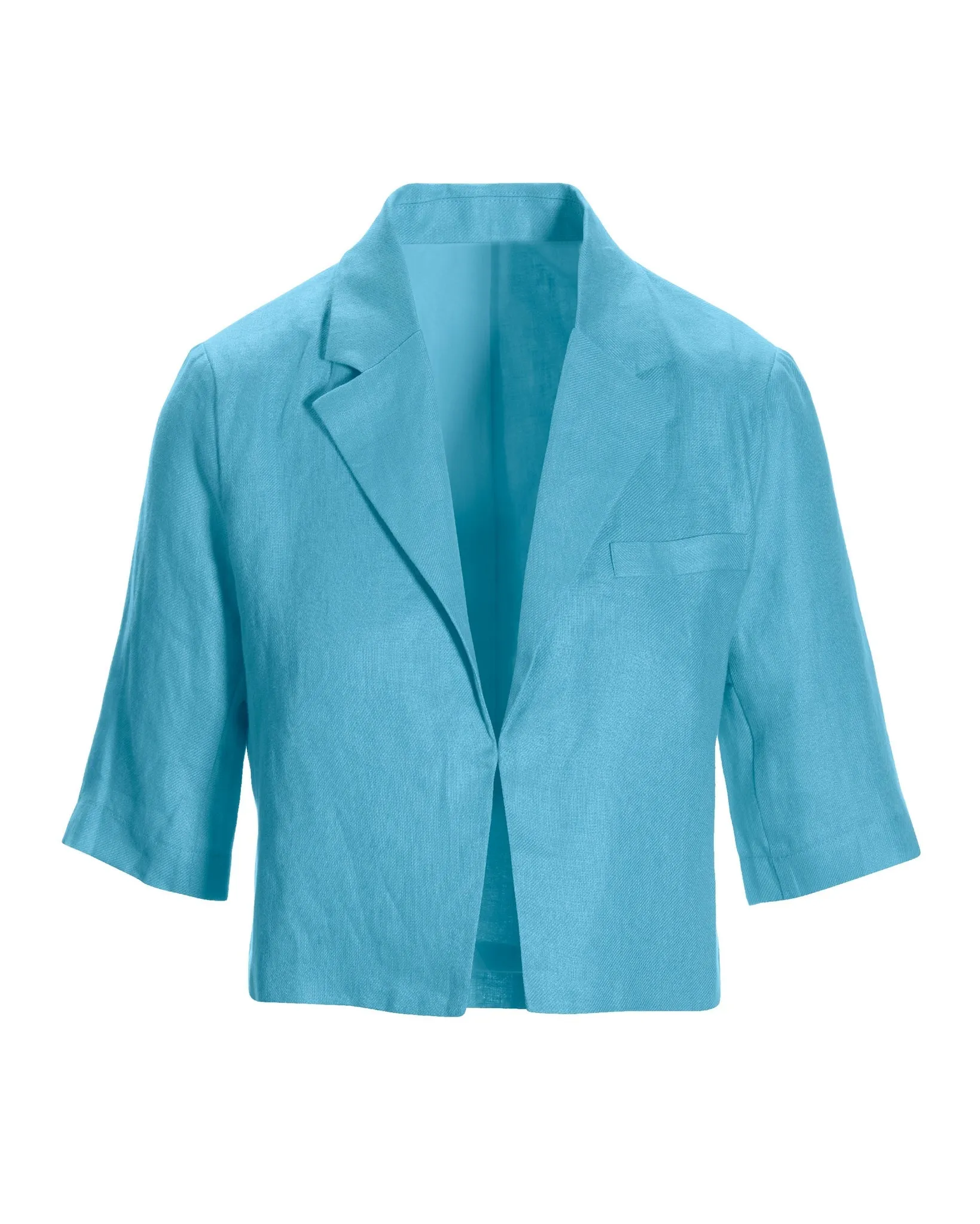 Modern Length Elbow Sleeve Linen Blazer Blue Topaz