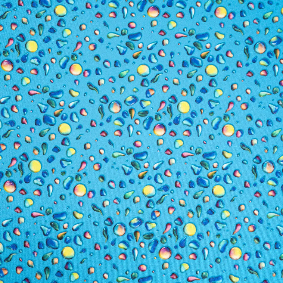 Multi-Coloured Water Droplets Printed Blue Silk Twill
