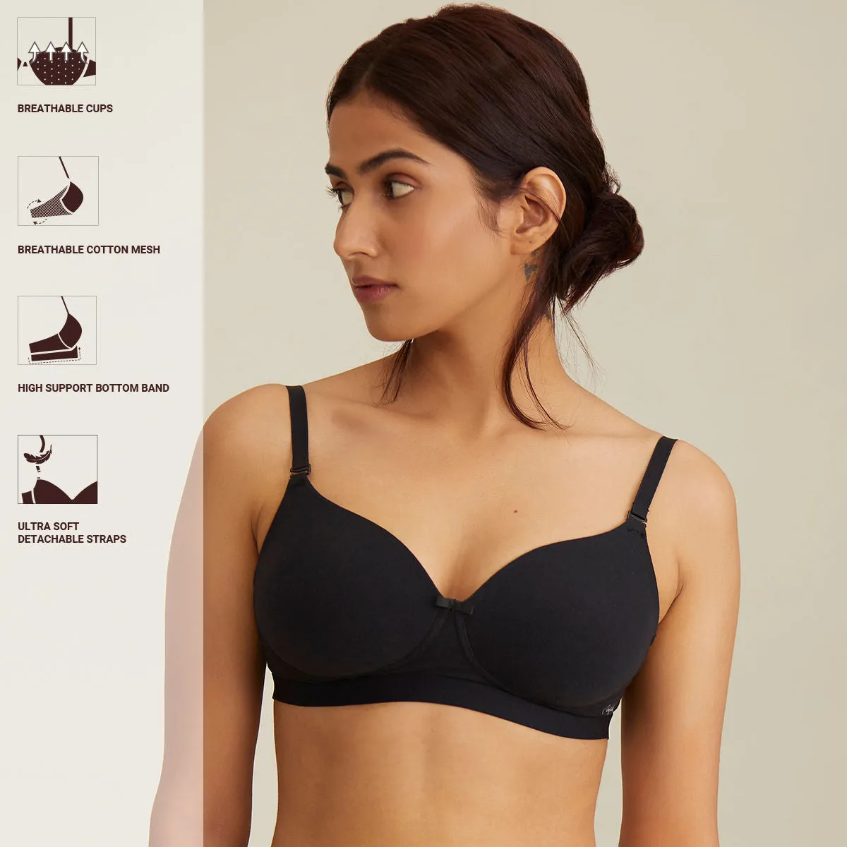 Nykd by Nykaa Breathe Cotton Transparent Back Padded Non Wired T-Shirt Bra NYB007 Black