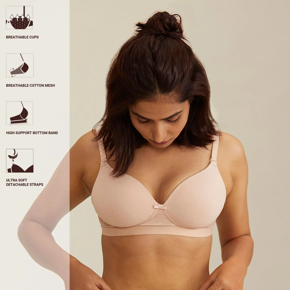 Nykd by Nykaa Breathe Cotton Transparent Back Padded Non Wired T-Shirt Bra NYB007 Nude