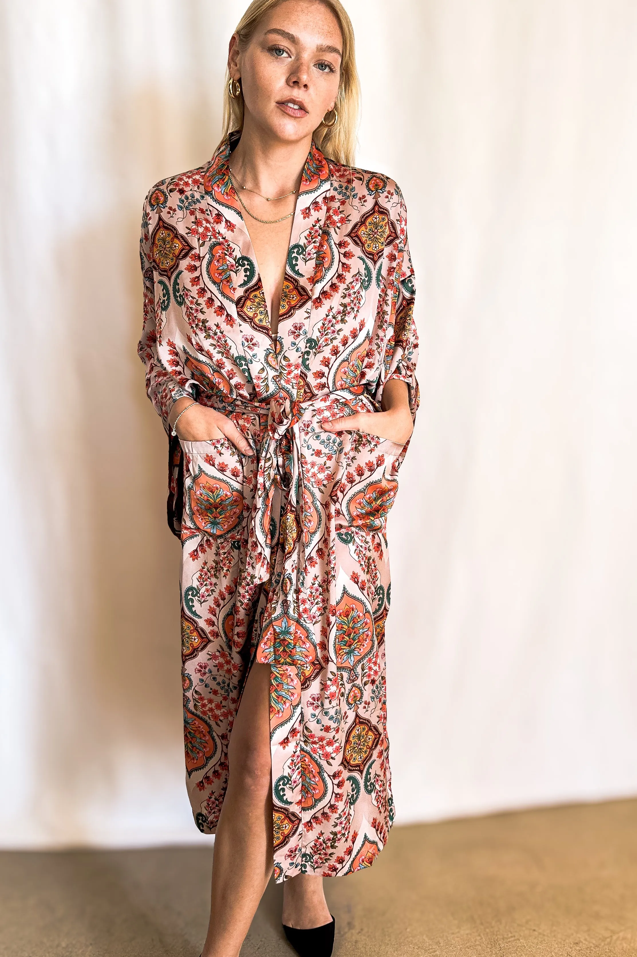 Paisley Long Belted Satin Robe Cover Up / Pink