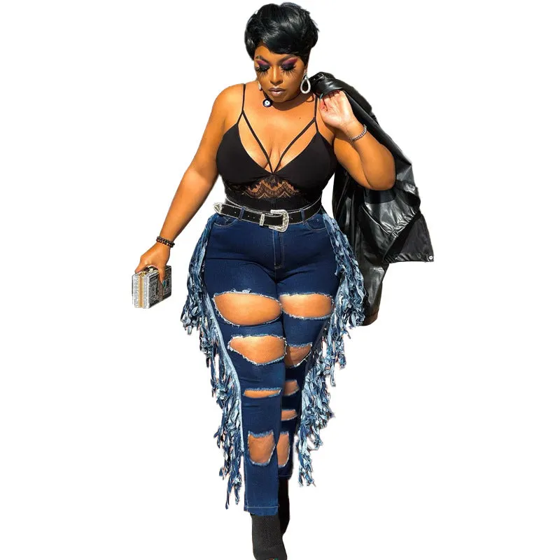Pencil Jeans Plus Size Women's Mid Waist Ripped Fringed Jeans