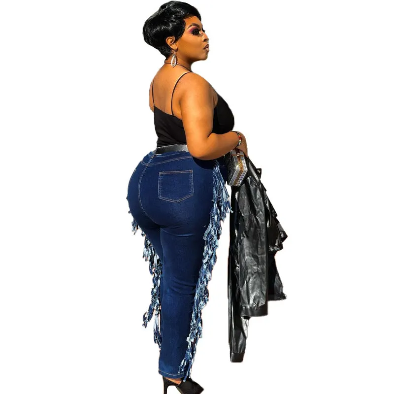 Pencil Jeans Plus Size Women's Mid Waist Ripped Fringed Jeans