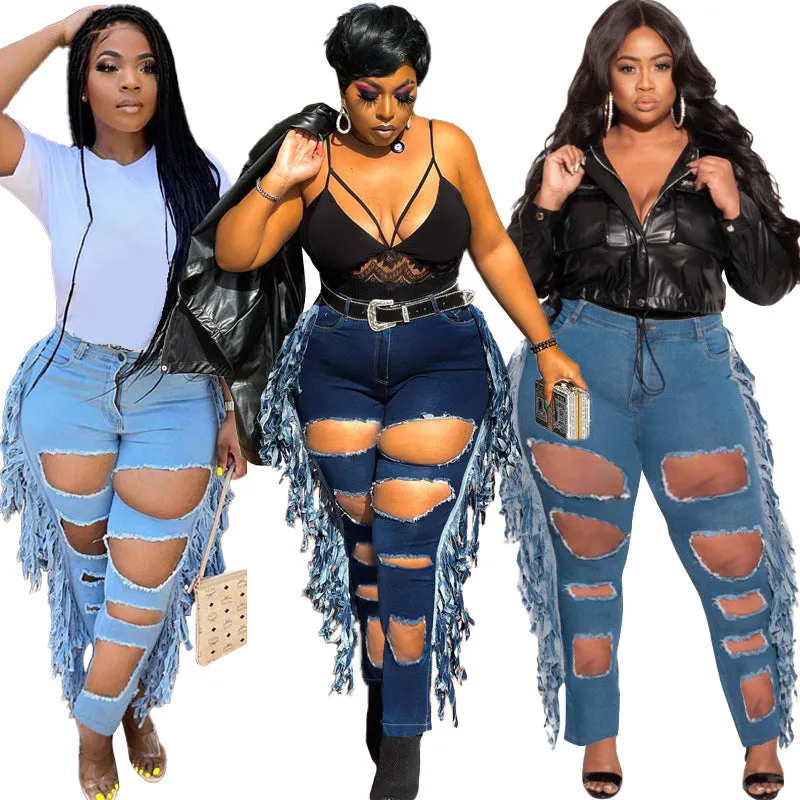 Pencil Jeans Plus Size Women's Mid Waist Ripped Fringed Jeans
