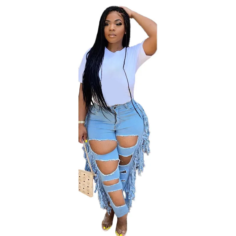 Pencil Jeans Plus Size Women's Mid Waist Ripped Fringed Jeans
