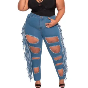 Pencil Jeans Plus Size Women's Mid Waist Ripped Fringed Jeans