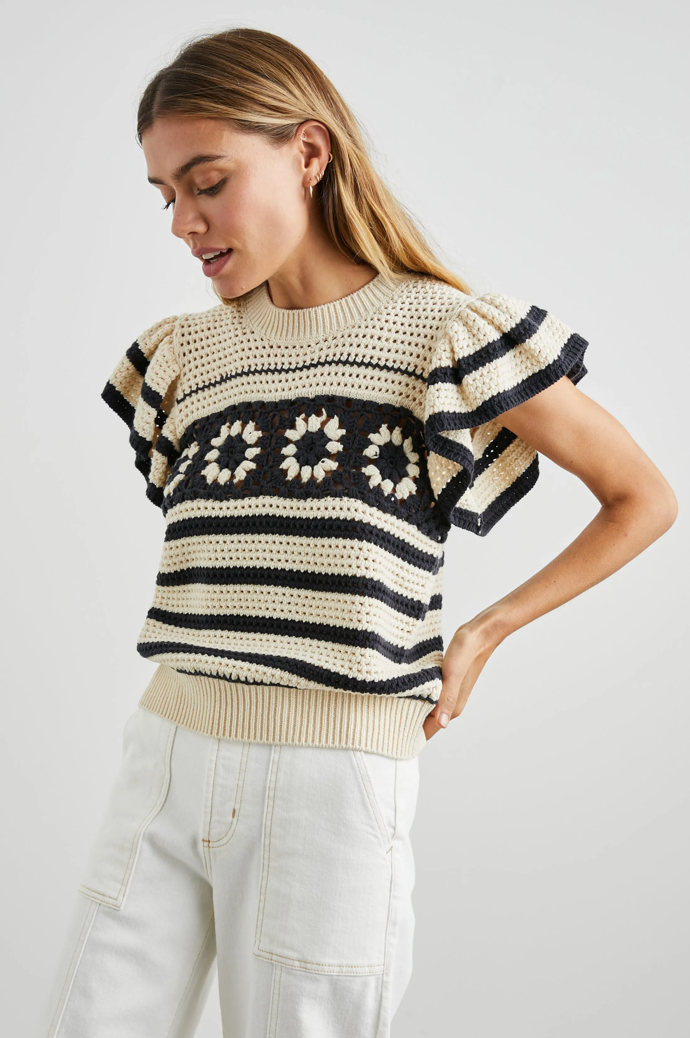 PENELOPE TOP - OAT NAVY CROCHET STRIPE