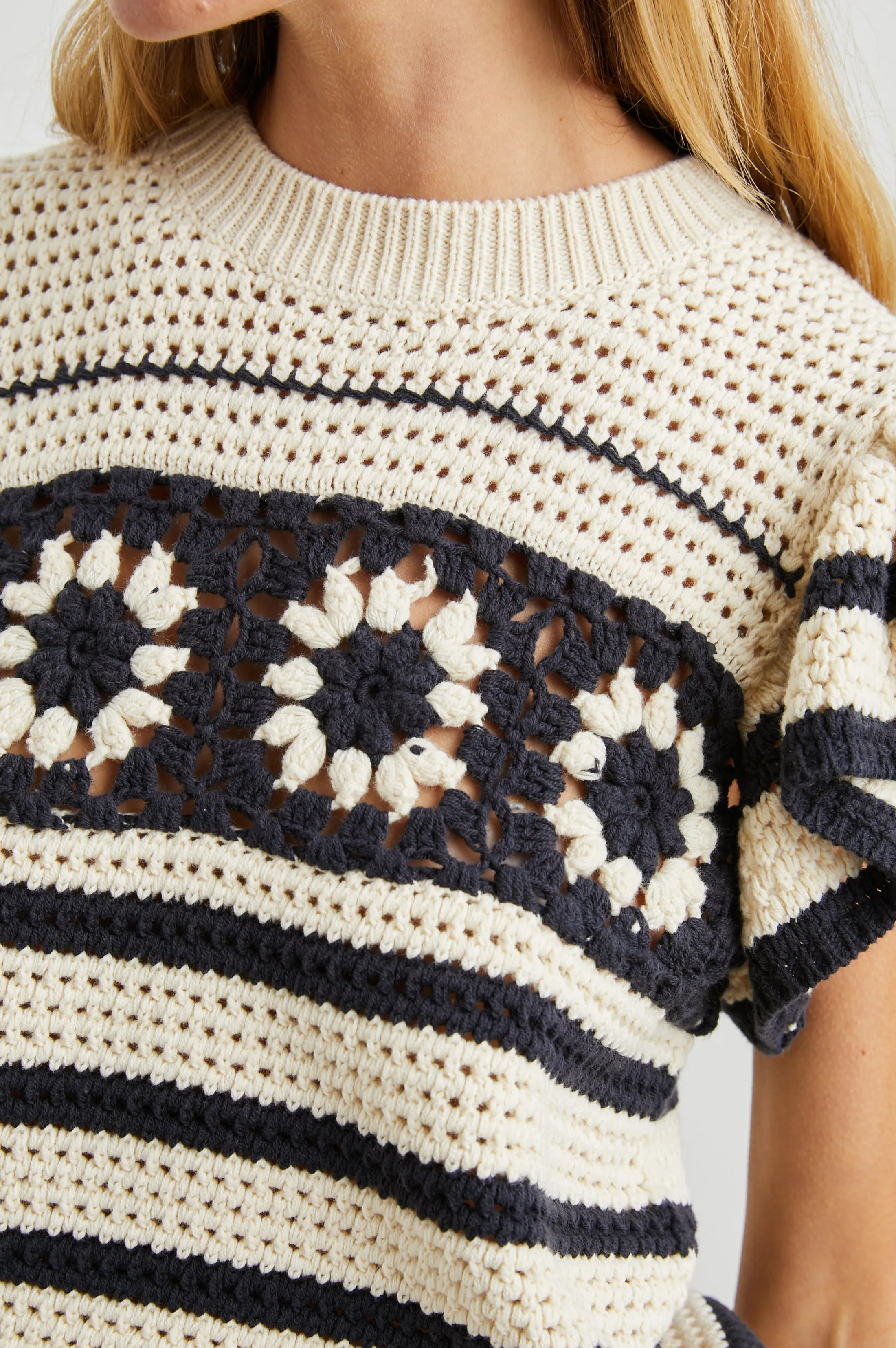 PENELOPE TOP - OAT NAVY CROCHET STRIPE