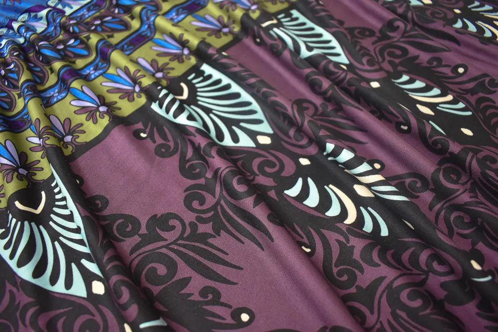 Purple-Multi Border Baroque Pattern Printed Stretch Silk Jersey Knit Fabric
