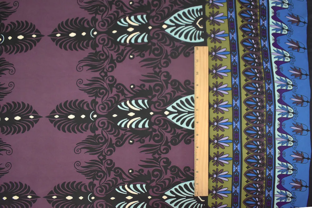 Purple-Multi Border Baroque Pattern Printed Stretch Silk Jersey Knit Fabric
