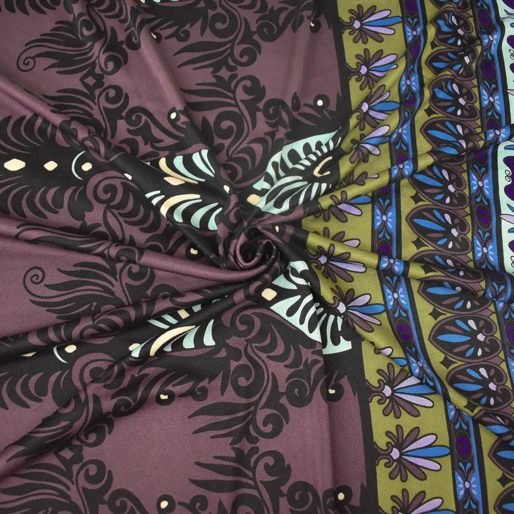 Purple-Multi Border Baroque Pattern Printed Stretch Silk Jersey Knit Fabric