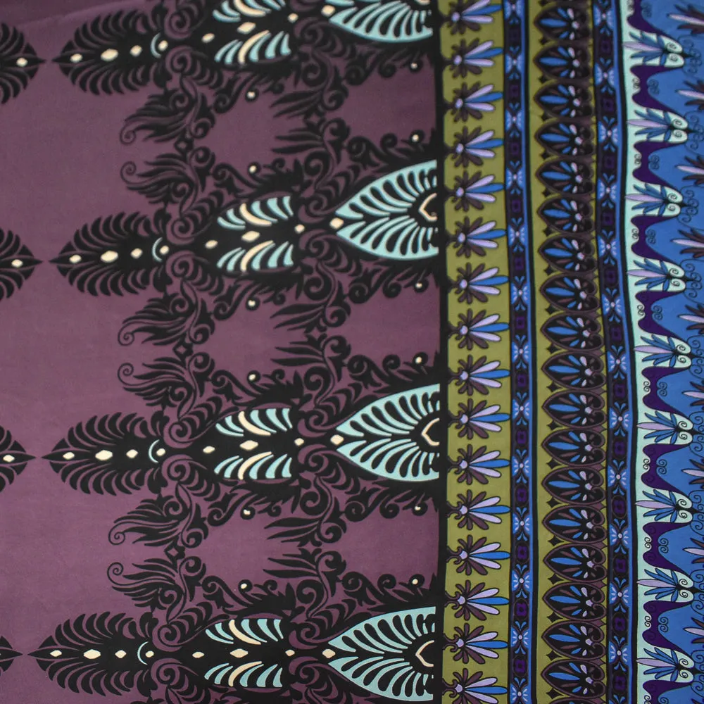 Purple-Multi Border Baroque Pattern Printed Stretch Silk Jersey Knit Fabric